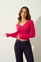 Jersey de cuello en V - Galise - Fucsia