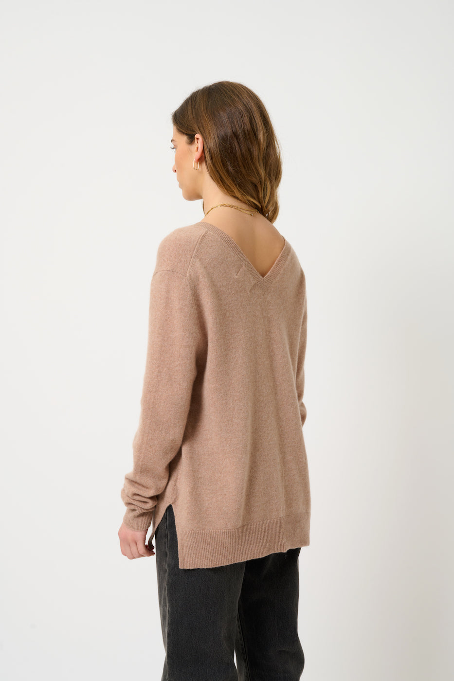 Jersey de cuello en V delantero y trasero - Giegn - Camel jaspeado