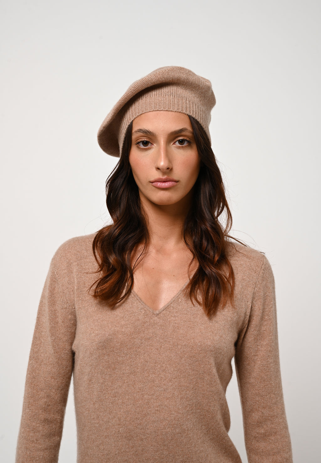 V-Neck Dress - Capelet - Mixed Camel
