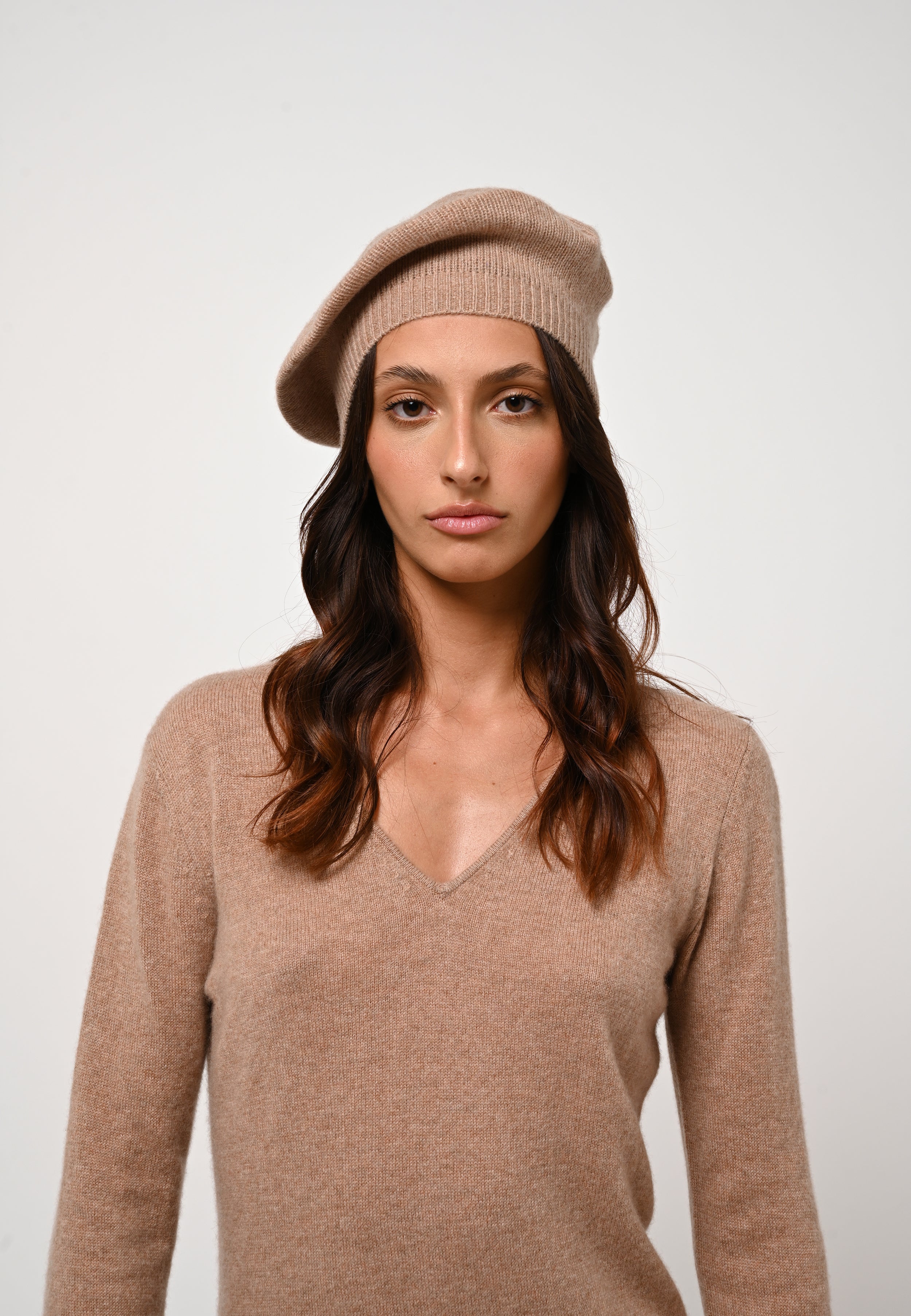 V-Neck Dress - Capelet - Mixed Camel