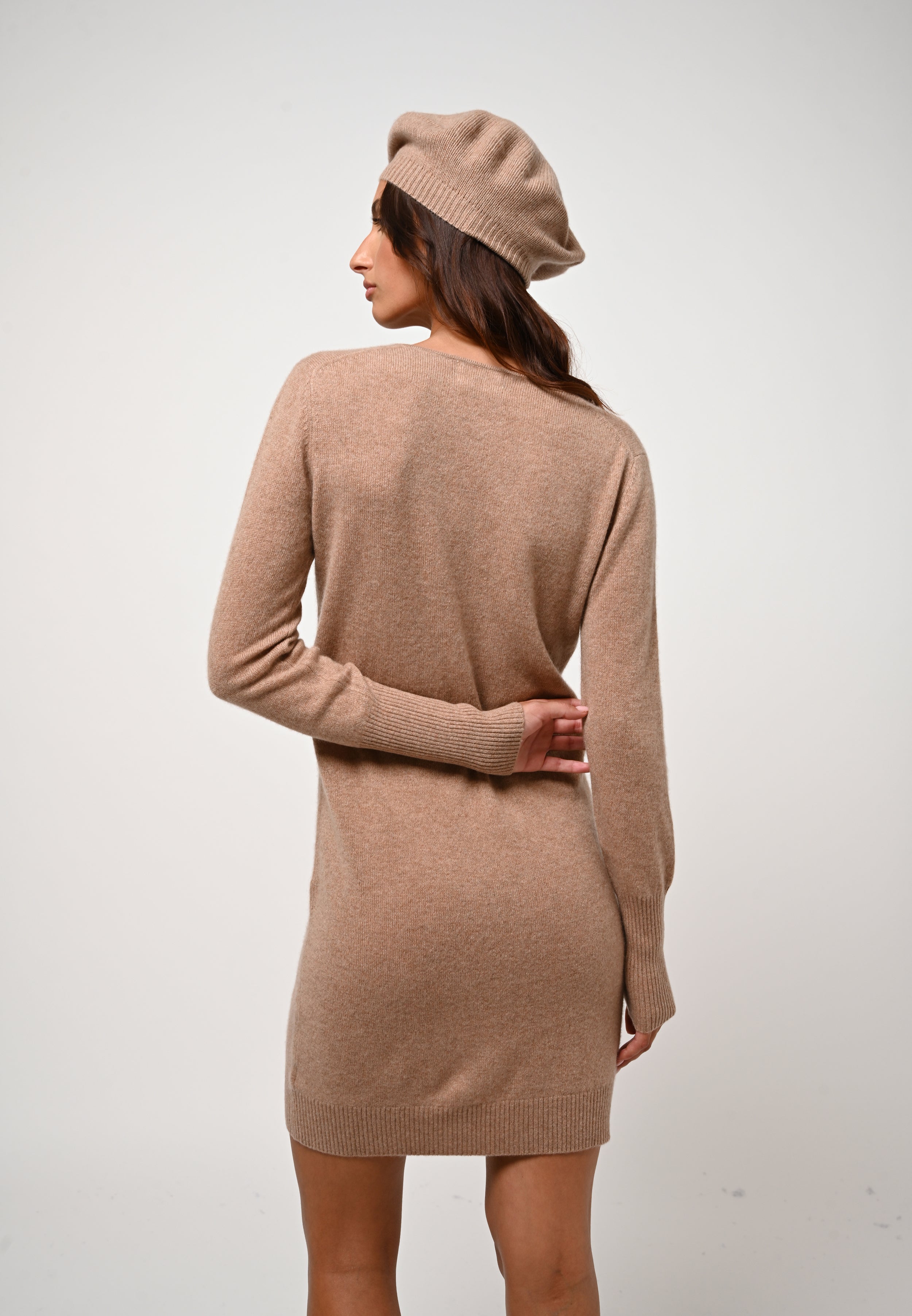 V-Neck Dress - Capelet - Mixed Camel