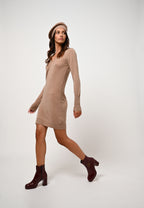V-Neck Dress - Capelet - Mixed Camel
