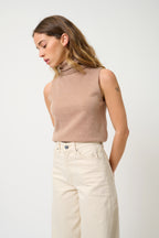 Sleeveless Roll-Neck Jumper - Capucin - Camel Chiné