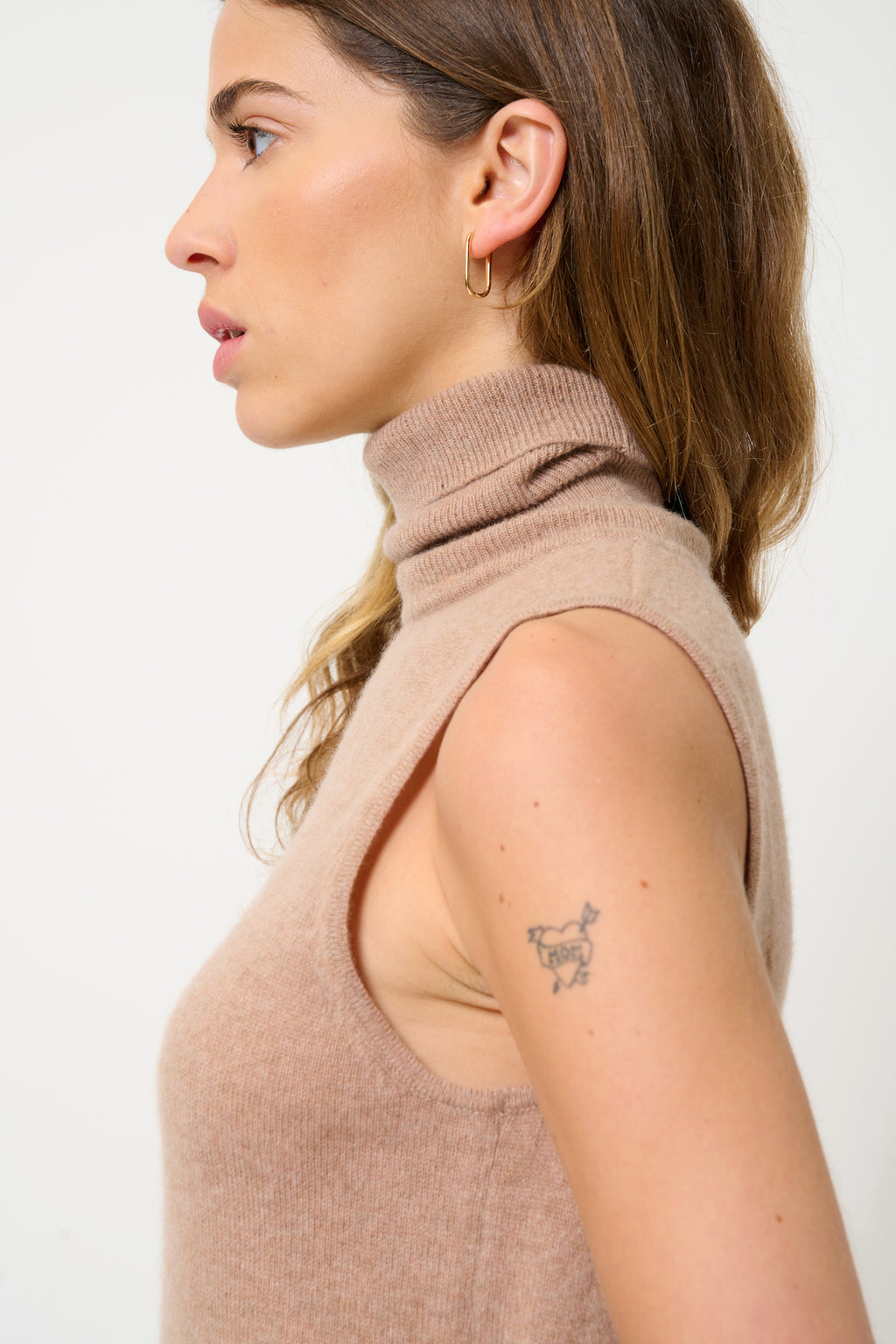 Sleeveless Roll-Neck Jumper - Capucin - Camel Chiné