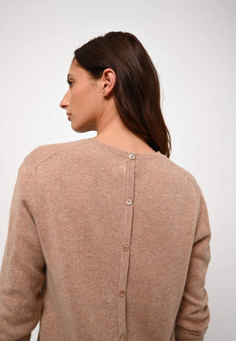Jersey Cuello Redondo Abotonado Espalda Estaris - Camel Chiné - 100% Cachemira - 2 Hilos