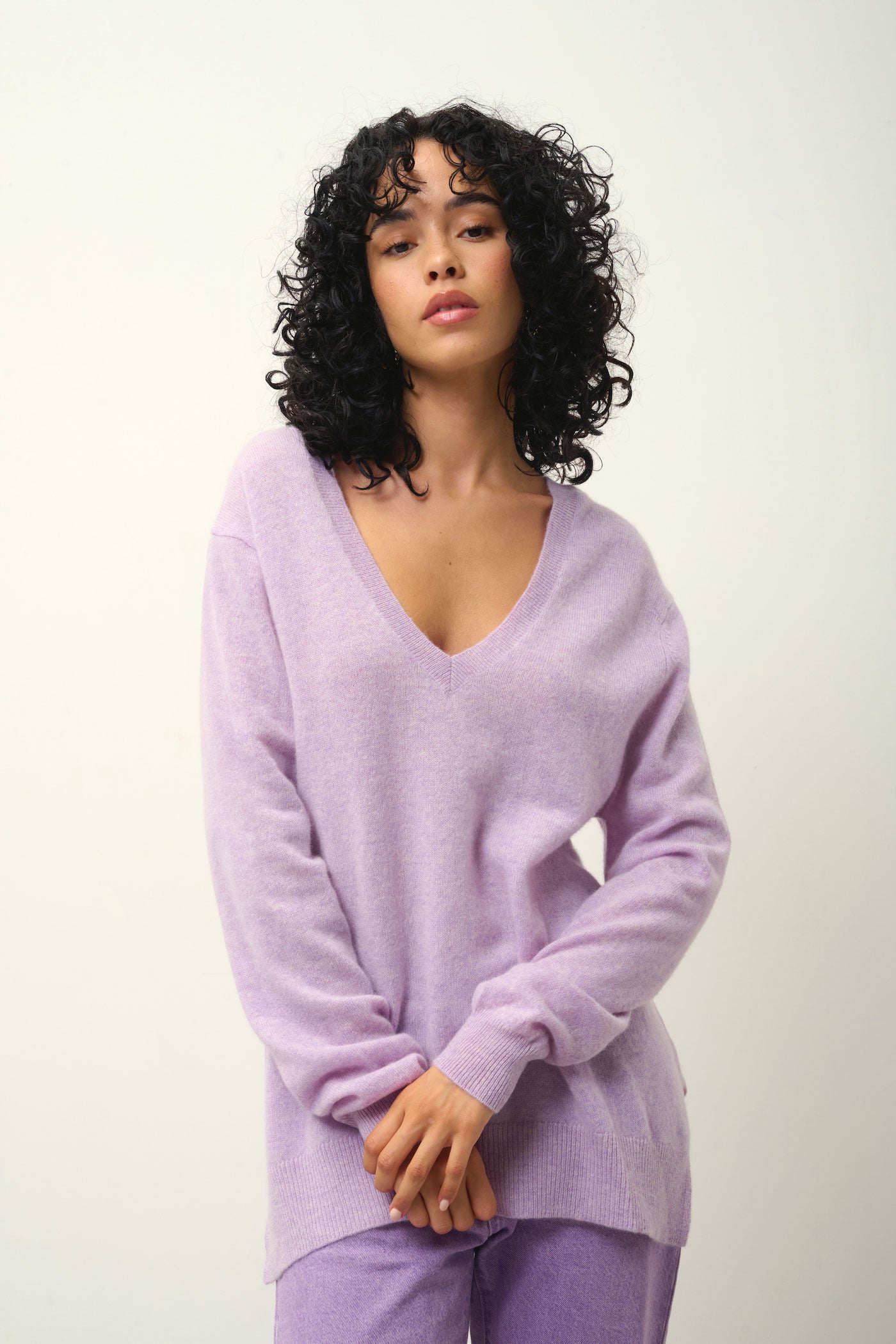 Pull Col V Devant Et Dos - Giegn - Mauve Chiné