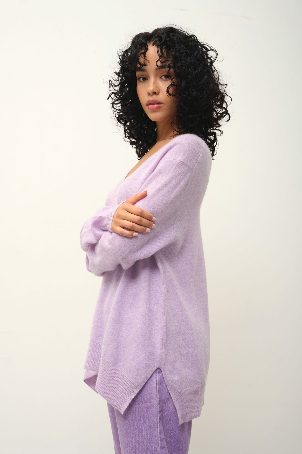 Pull Col V Devant Et Dos - Giegn - Mauve Chiné