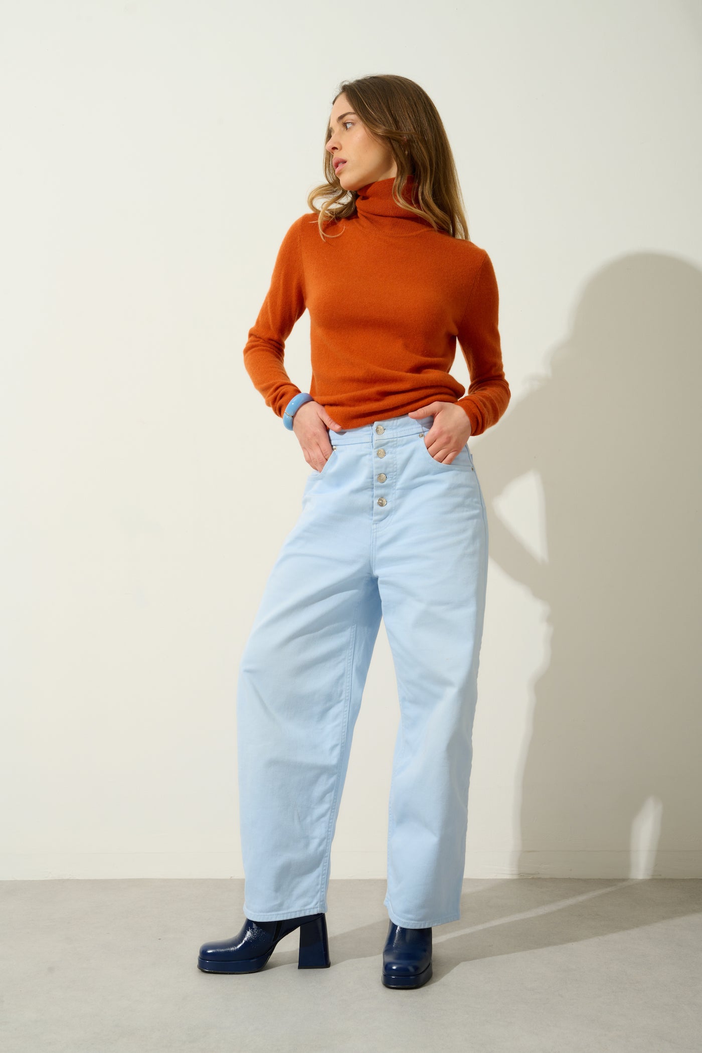 Pull Col Roulé Bise - Safran - 100% Cachemire 2 Fils - Femme