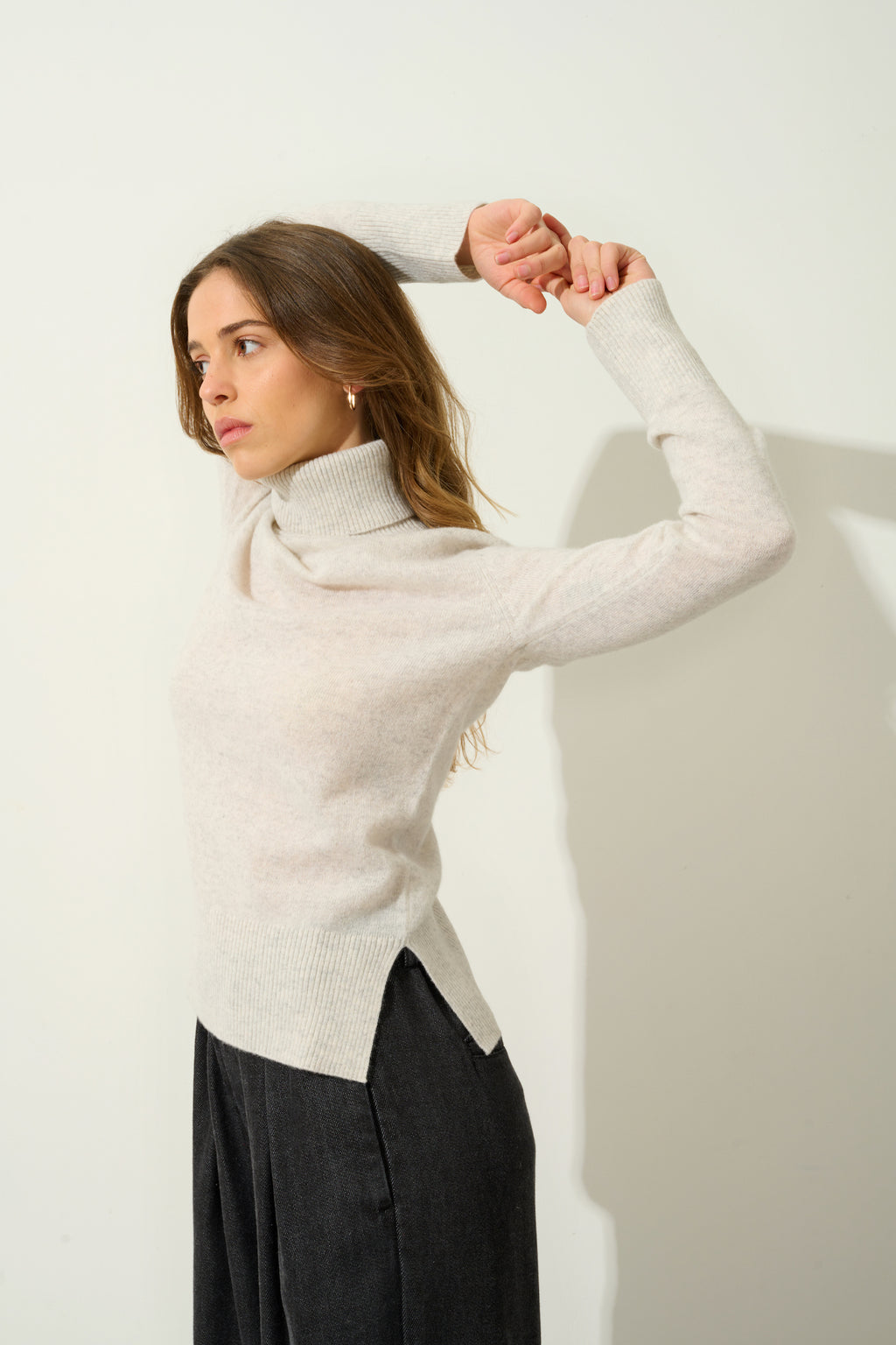 Jersey de cuello alto - 100% cachemira de 2 hilos - Gris perla jaspeado