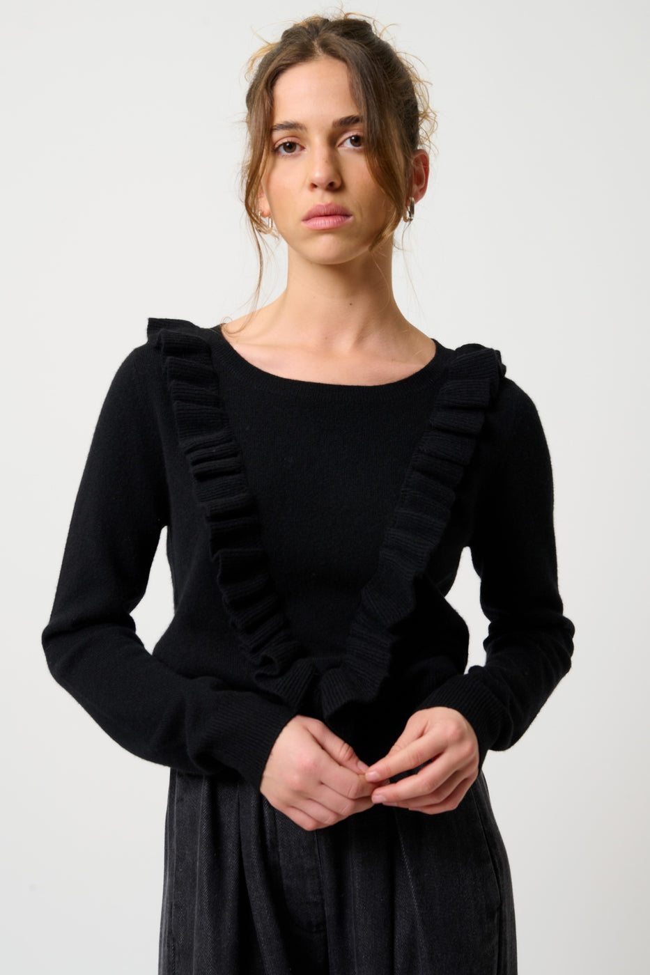Round-Neck Jumper with Front Frills - Knott - Black