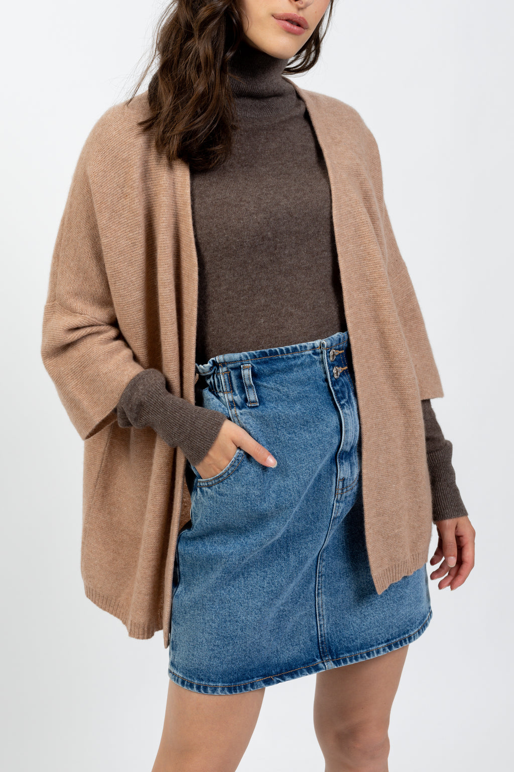 Open V-Neck 3/4 Sleeve Cardigan Mendip - Camel Marl - 100% 2-Ply Cashmere - Jersey - Women