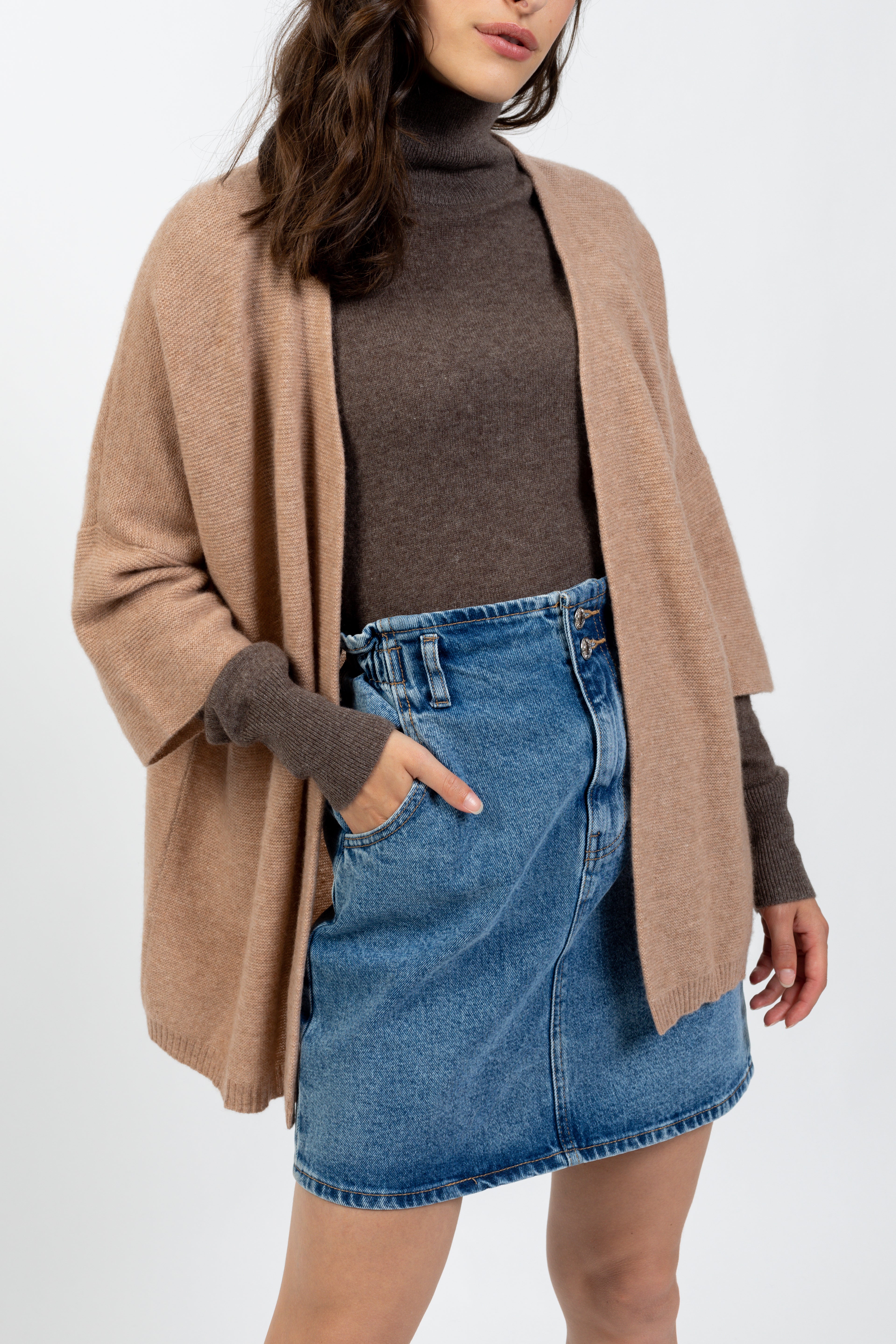 Open V-Neck 3/4 Sleeve Cardigan Mendip - Camel Marl - 100% 2-Ply Cashmere - Jersey - Women
