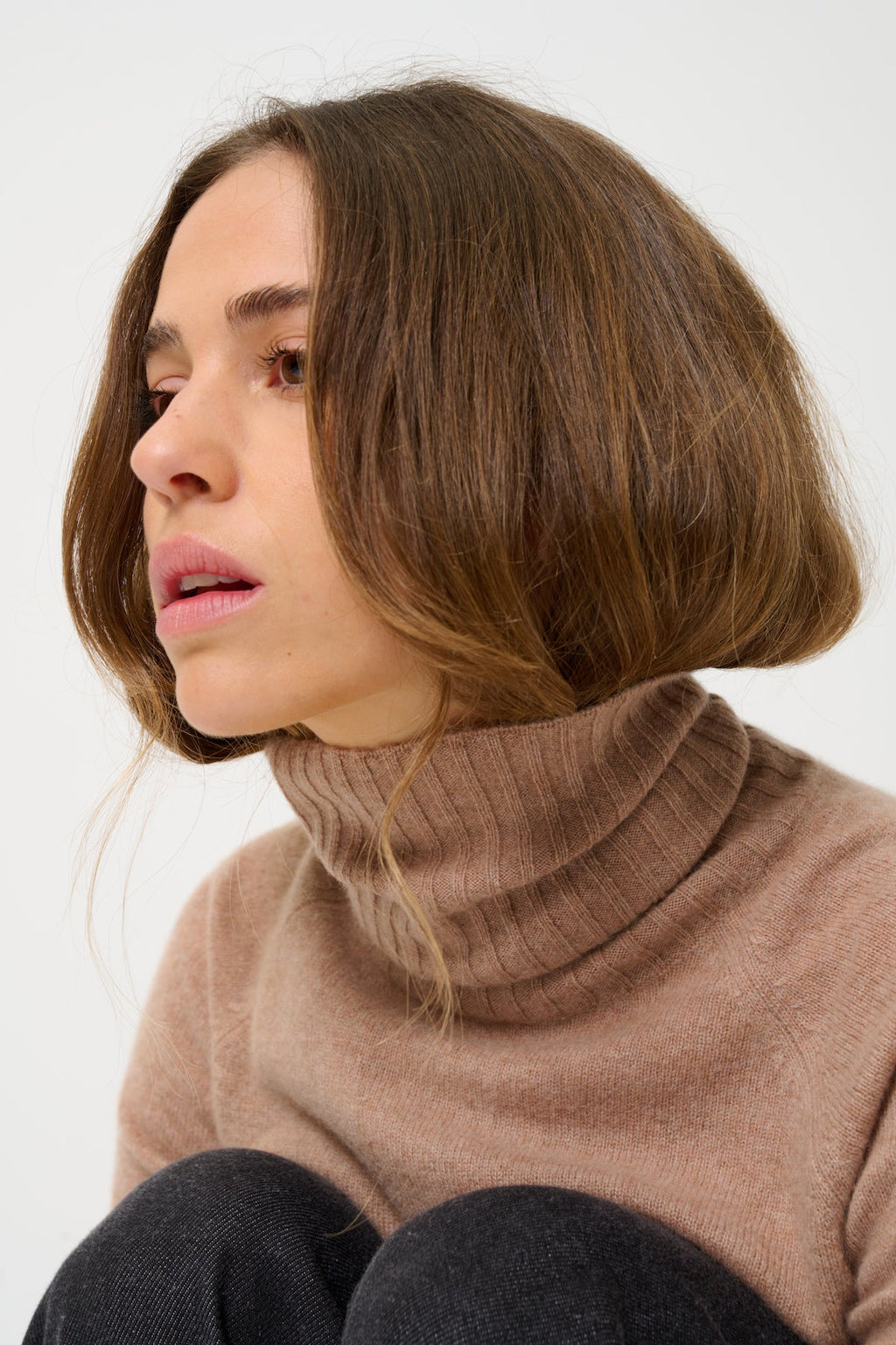 Jersey de cuello alto Cassy - Camello jaspeado - 100% cachemira de 2 capas - Jersey - Mujer