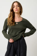Keyhole Front Boat Neck Jumper - Glyder - Khaki