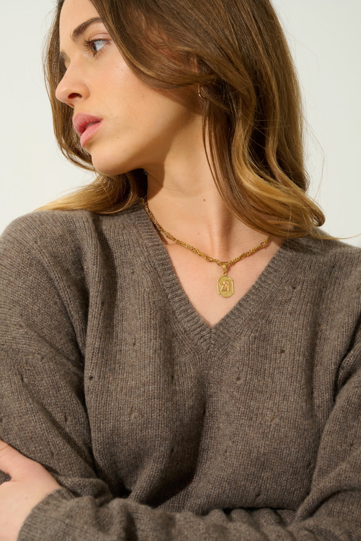 V-Neck Jumper - 100% 4-Ply Cashmere - Taupe Marl - Women