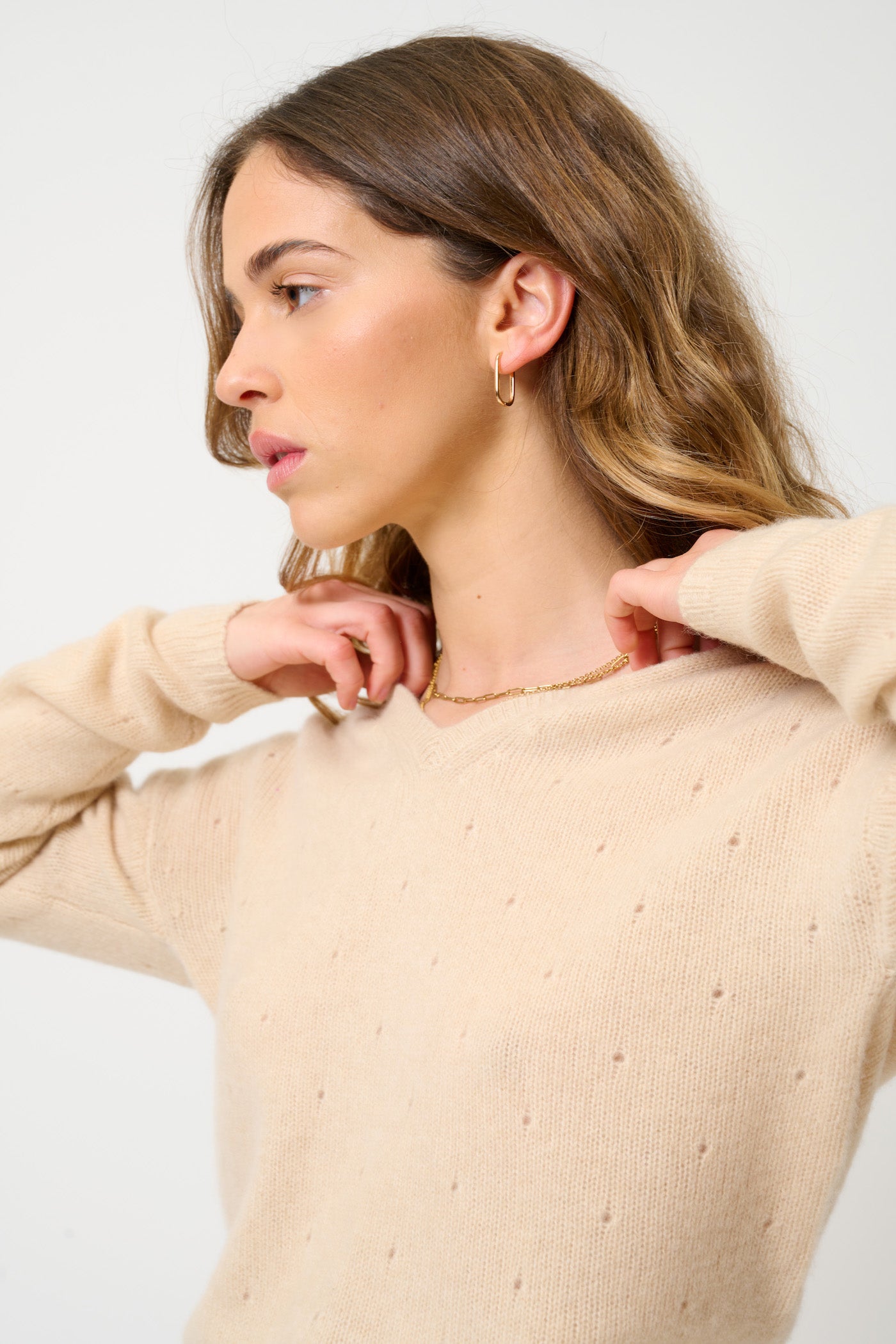 Pull Col V 4 Fils - Doty - Sable