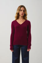 Jersey de cuello en V de 4 hebras Chelsea - Burdeos - 100% cachemira de 4 hebras - Mujer