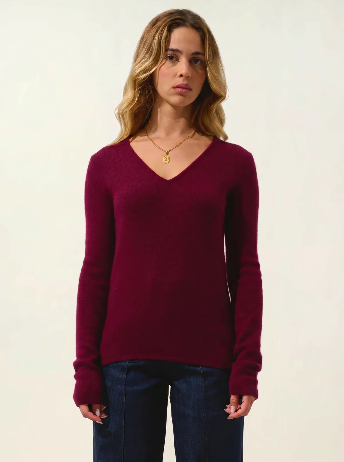 Maglione Scollo a V 4 Fili Chelsea - Bordeaux - 100% Cashmere 4 Fili - Donna
