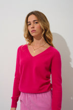 Jersey de cuello en V Giusalet - Fucsia - 100% cachemira de 2 cabos - Mujer