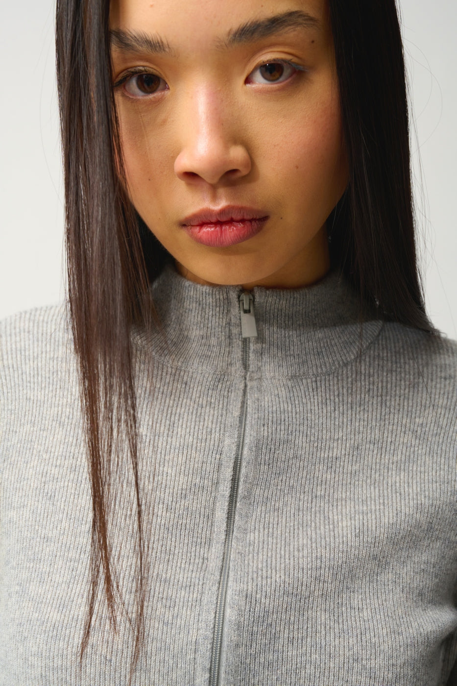Zipped Cardigan with Stand Collar - Alberte - Heather Gray