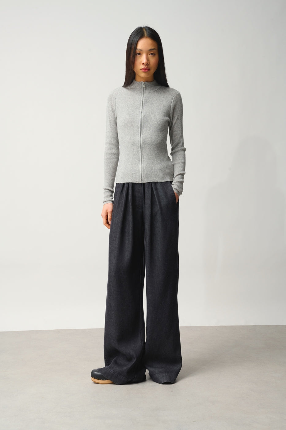 Zip-Up Stand Collar Cardigan - Alberte - Grey Marl