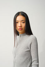 Zip-Up Stand Collar Cardigan - Alberte - Grey Marl