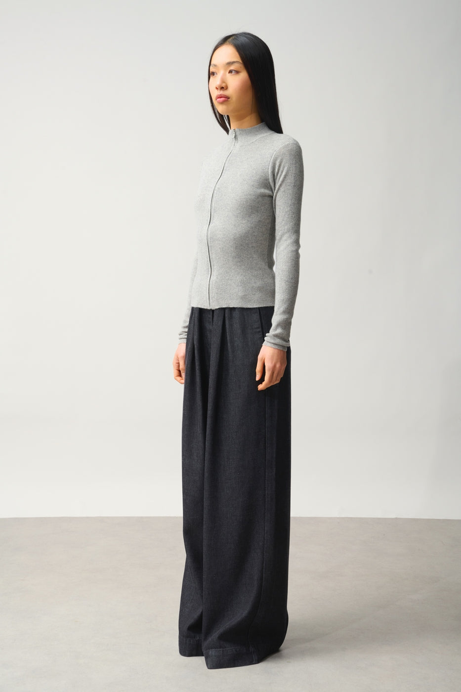 Zip-Up Stand Collar Cardigan - Alberte - Grey Marl