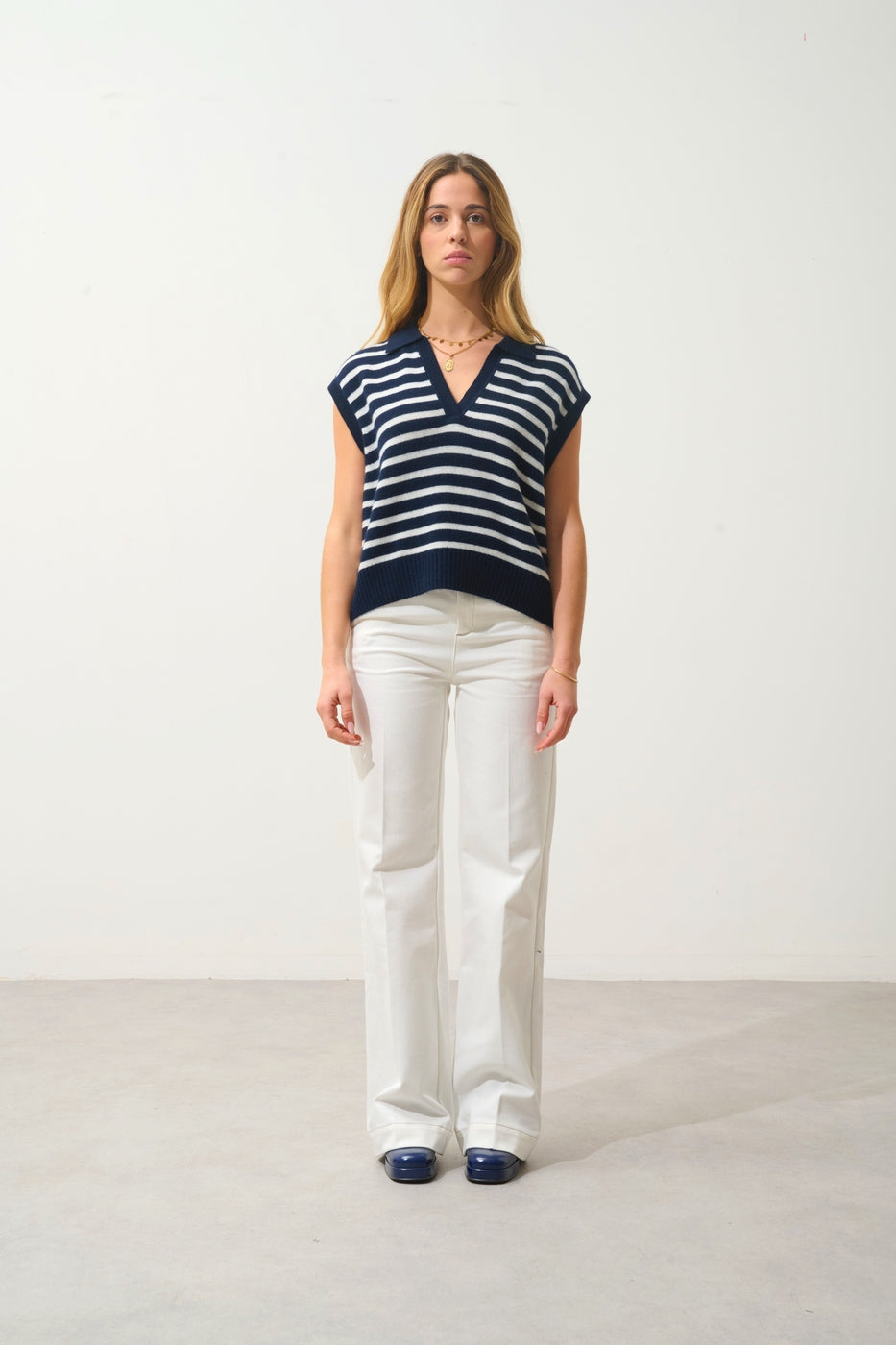 Jersey de cuello polo abierto sin mangas de 4 hilos bicolor - Felina - Fondo azul marino + marfil