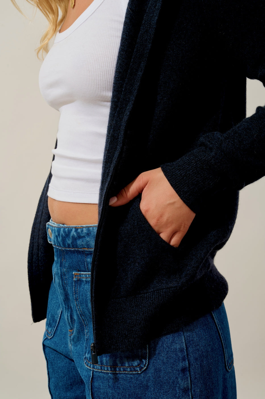 Zip-Through Hooded Cardigan - Colombis - Caviar