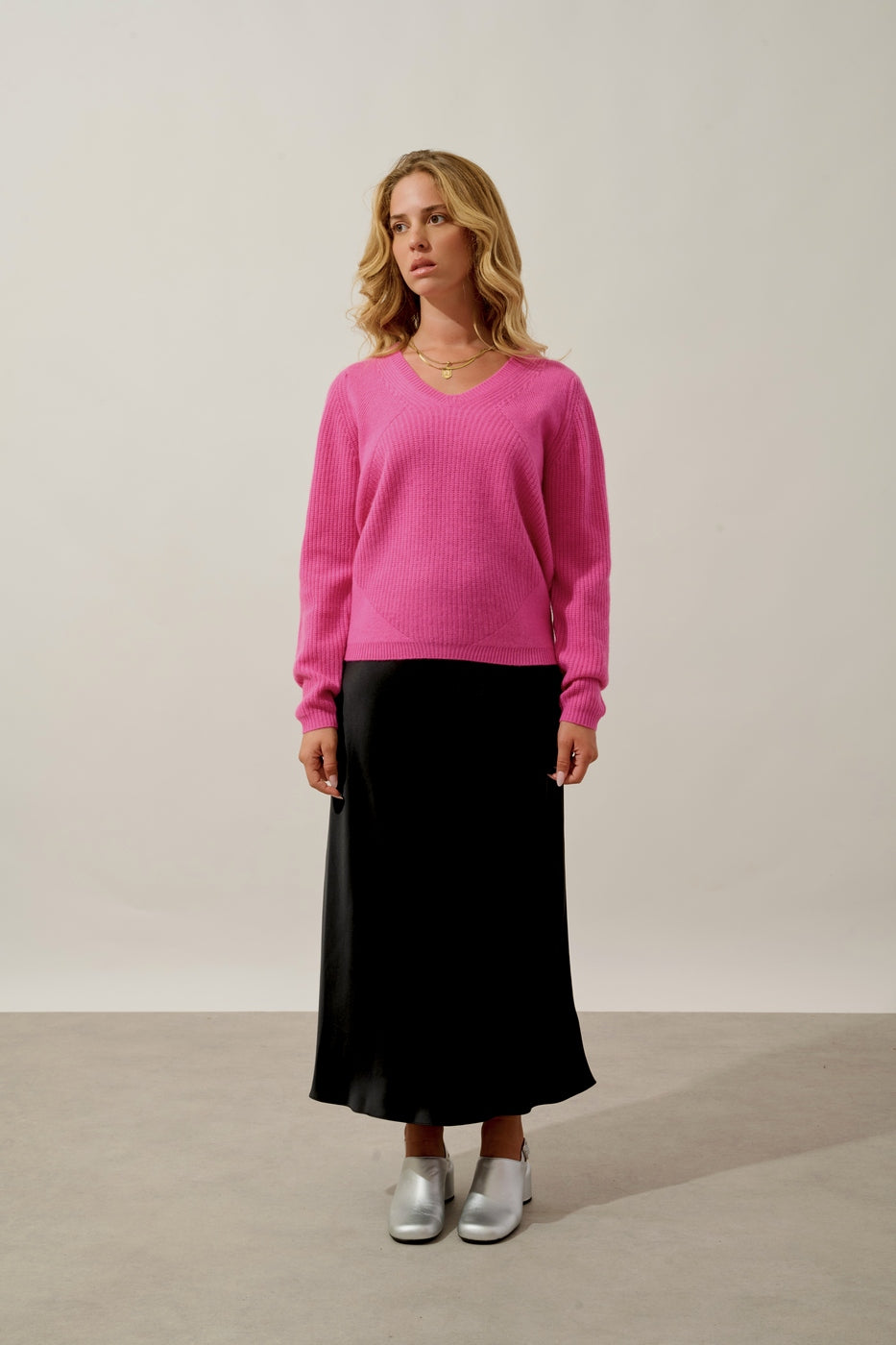 Jersey de cuello en V de 4 hilos - Amrita - Rosa