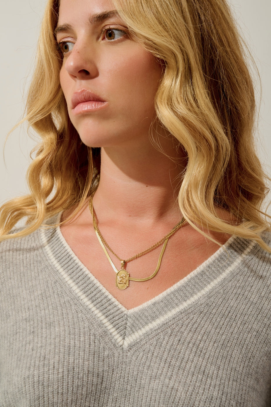 Jersey de cuello en V bicolor - Sabine - Nube jaspeado_Marfil