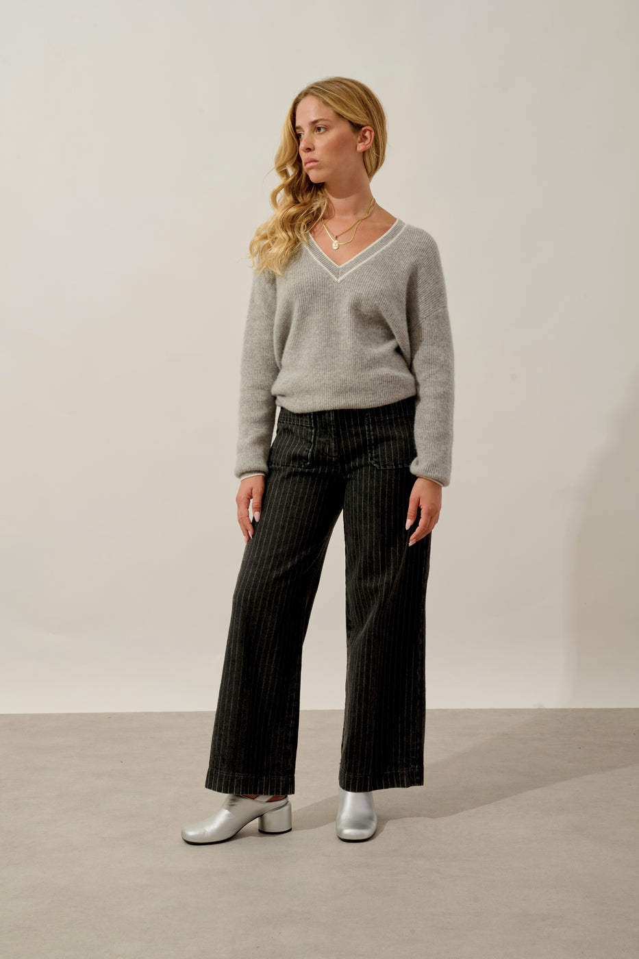 Jersey de cuello en V bicolor - Sabine - Nube jaspeado_Marfil