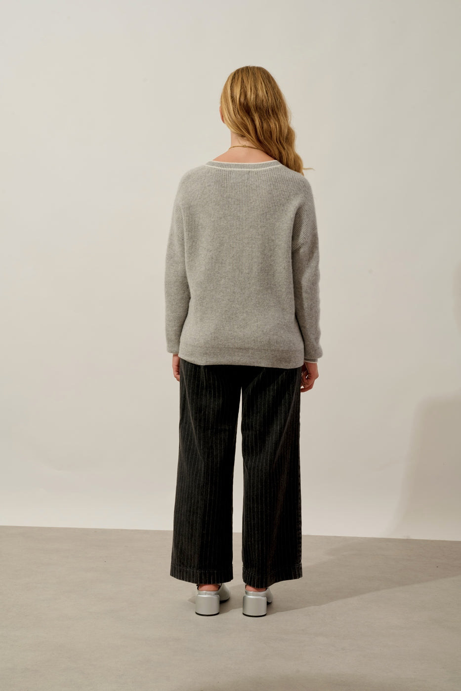 Jersey de cuello en V bicolor - Sabine - Nube jaspeado_Marfil