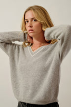 Jersey de cuello en V bicolor - Sabine - Nube jaspeado_Marfil