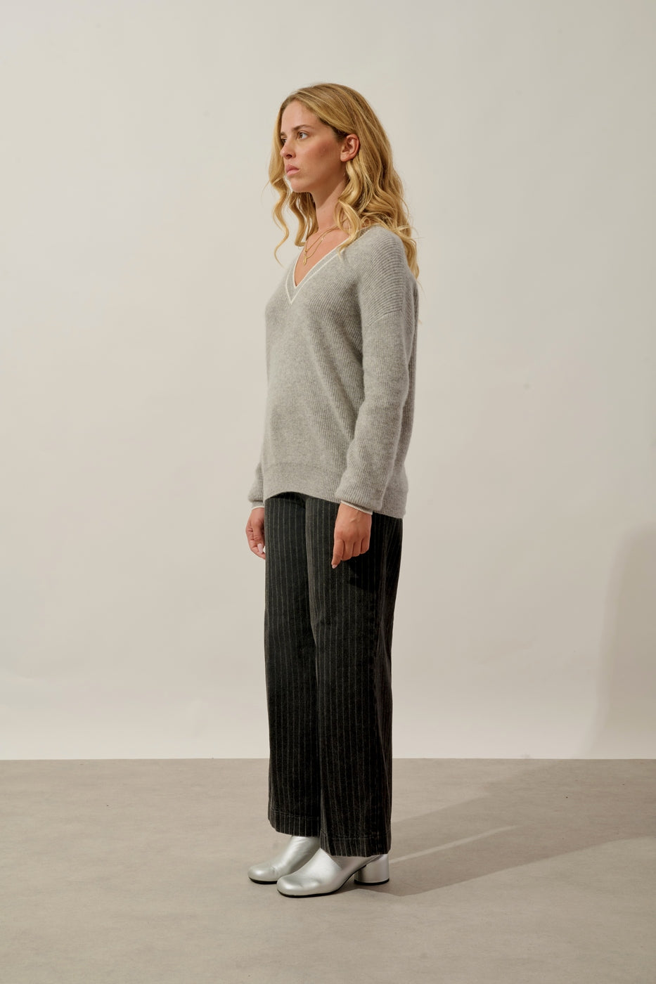Jersey de cuello en V bicolor - Sabine - Nube jaspeado_Marfil