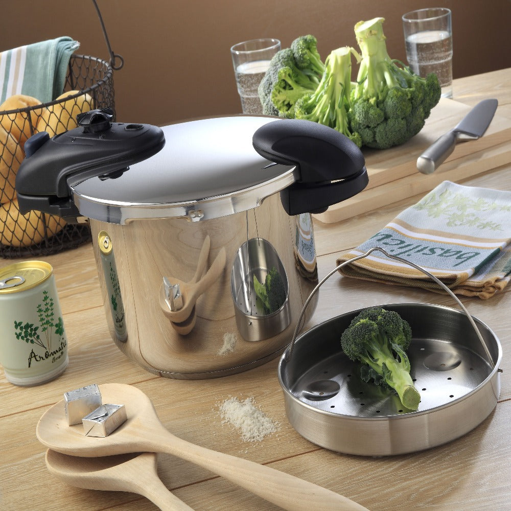 Olla a presión de bayoneta ILLICO Ø24cm 8L en acero inoxidable con cestillo de cocción