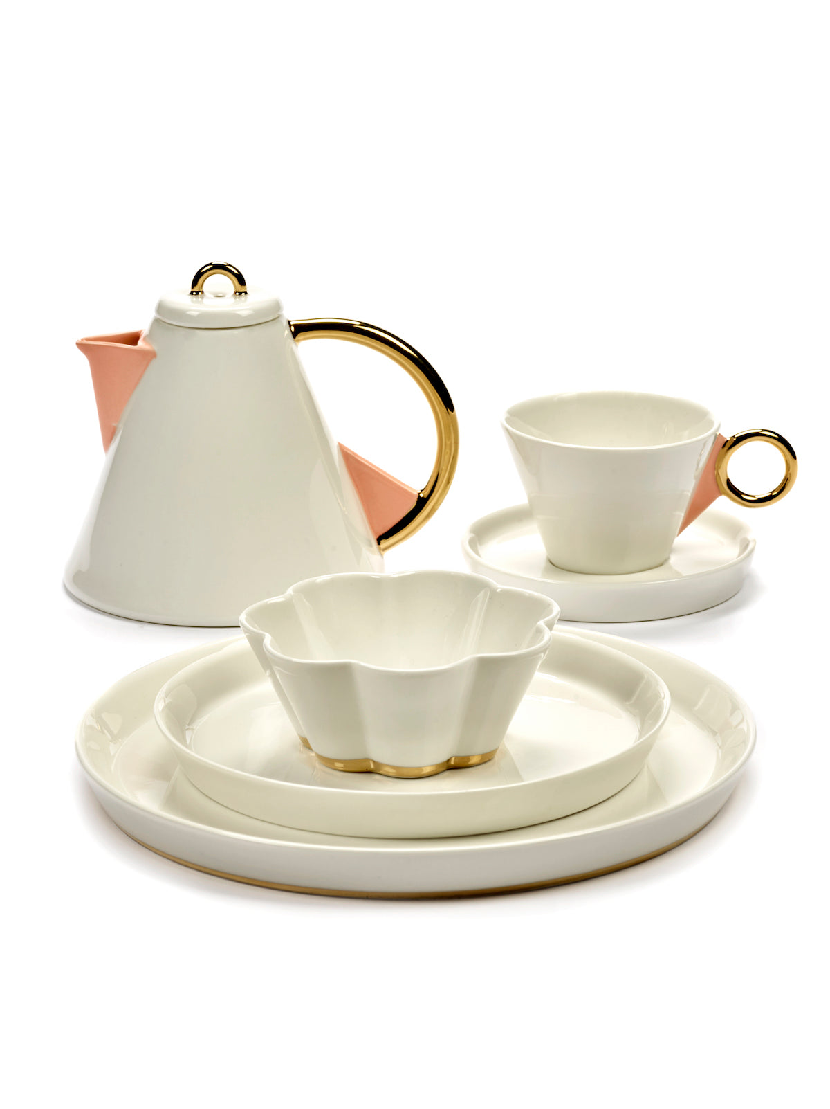 Set Of 4 Ribbed Bowls M - White - Gold Desiree - By Roger Van Damme