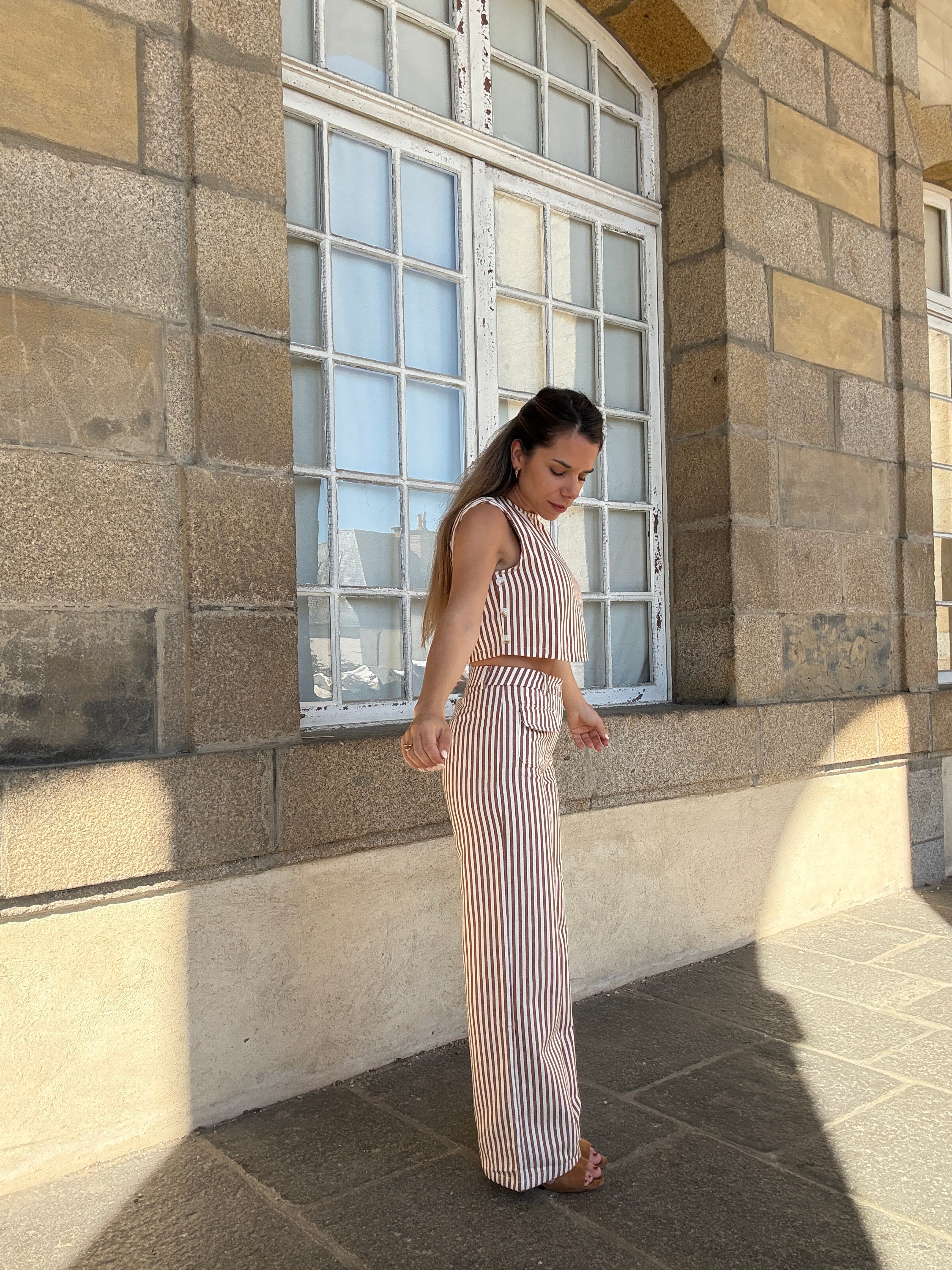Pantalon Rayé Marin Camel