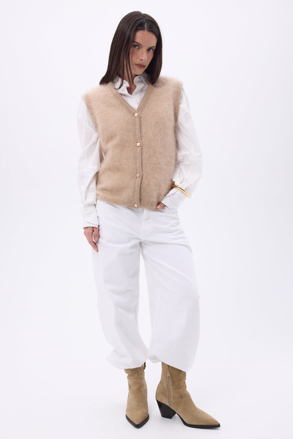 Chaleco sin mangas – Cachemira cepillada Bari - Beige - Mujer