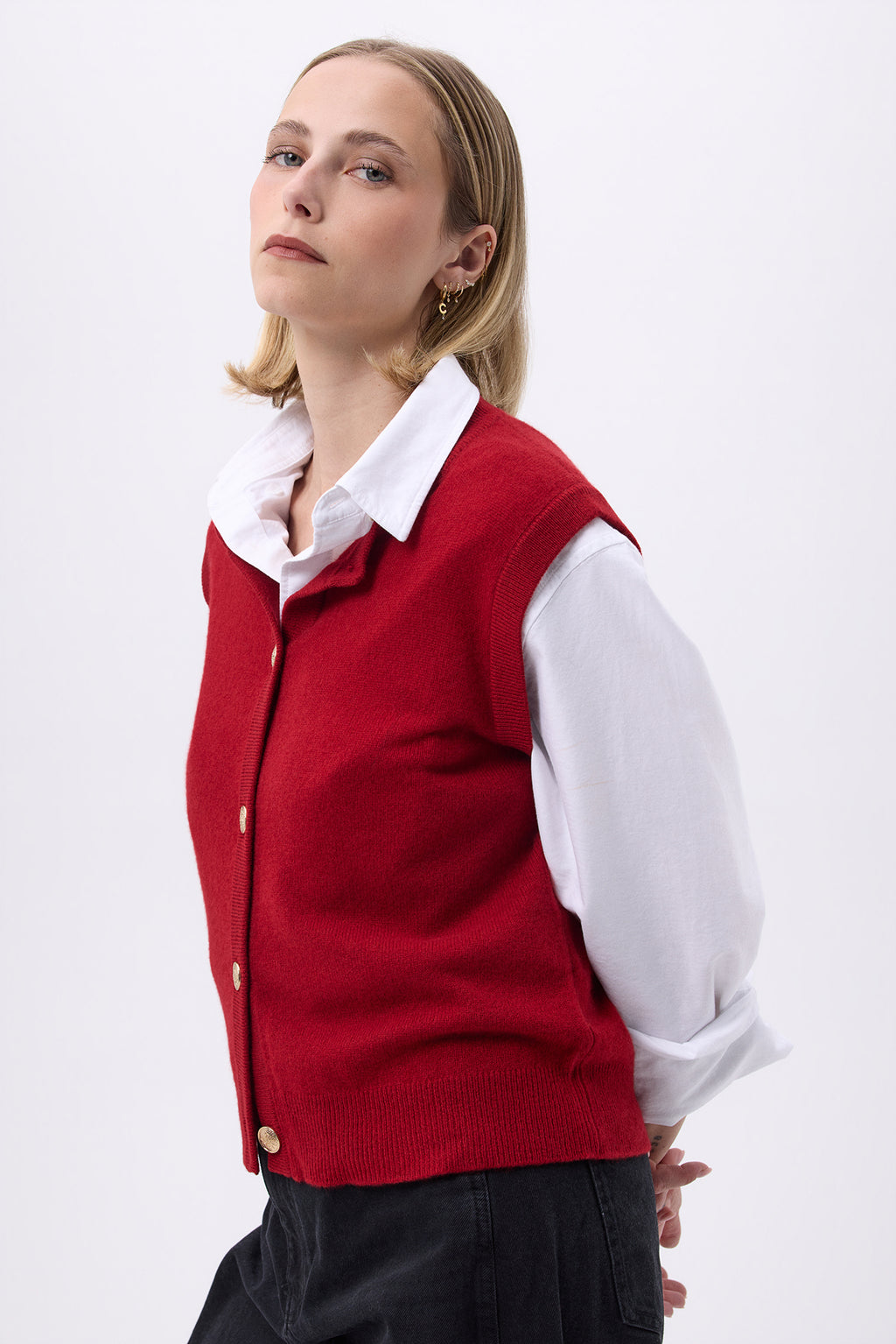 Cárdigan oversize de cuello redondo con botones dorados sin mangas F Bari - Rojo burdeos - Mujer