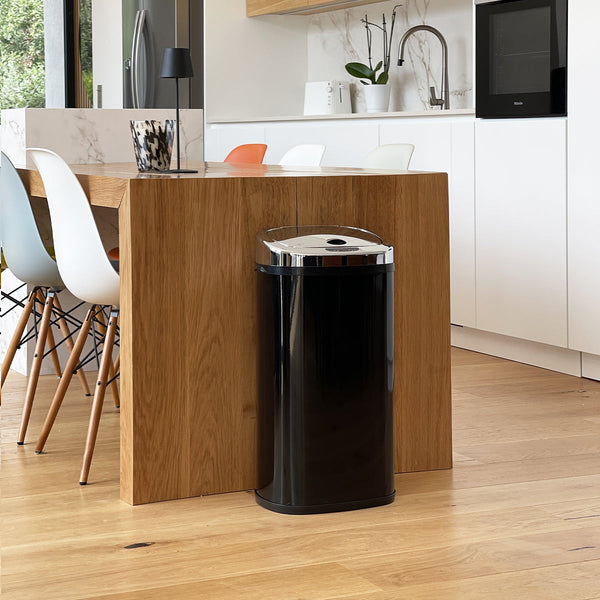 Automatic kitchen trash can 42L LARGO Glossy black in stainless steel with strapping