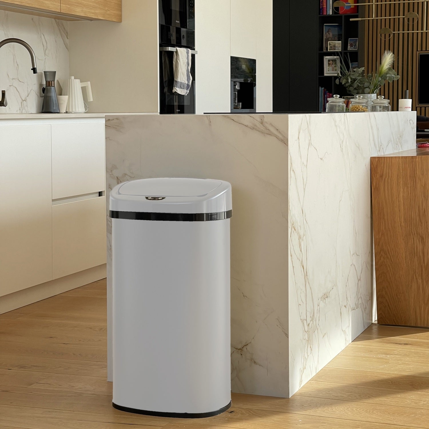 Papelera de cocina automática 58L MAJESTIC WHITE blanco gran capacidad acero inoxidable con flejes