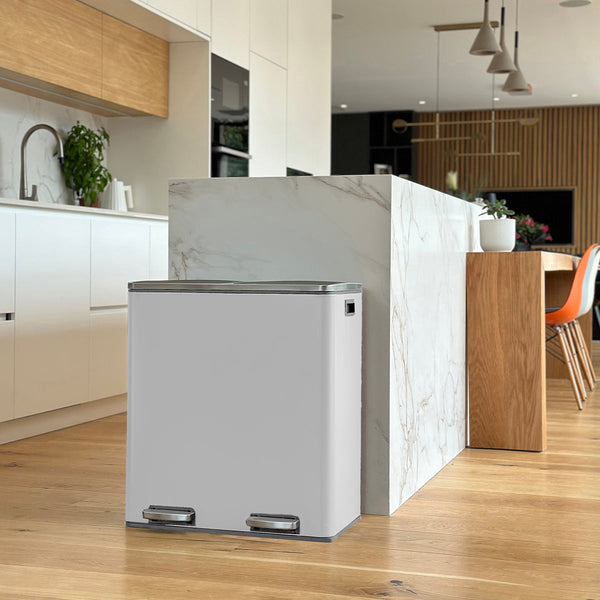 MAJOR large-capacity 60L (2x30L) pedal kitchen recycling bin in White Stainless Steel