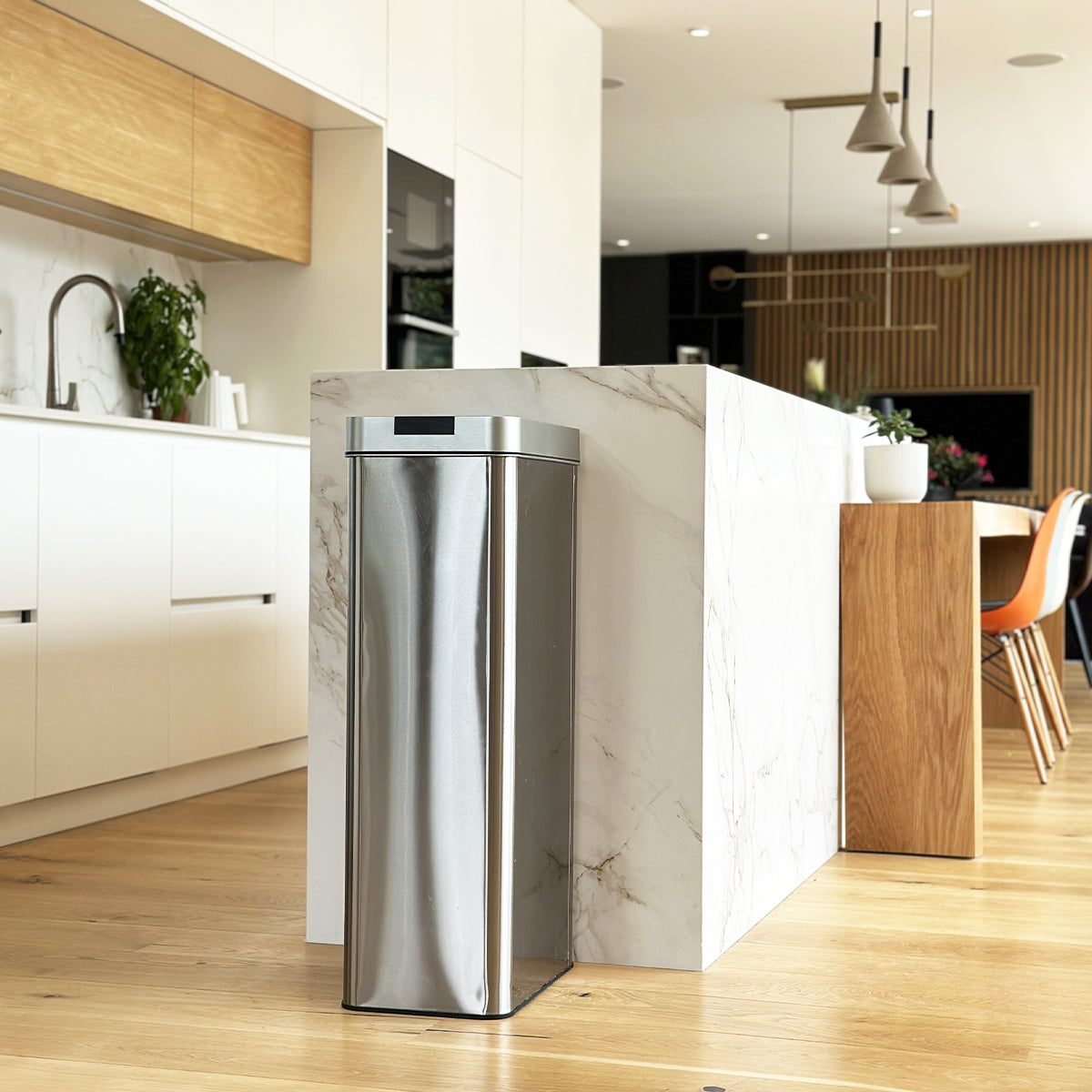 SILVERLAKE Papelera de cocina automática 90L en acero inoxidable con flejes Apertura mariposa de gran capacidad