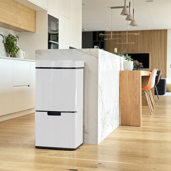 Papelera Automática De Cocina Clasificación Selectiva Doble Compartimento 75l NARVIK WHITE Blanco Estera Reciclaje Gran Capacidad Y Papelera De Mesa 3l