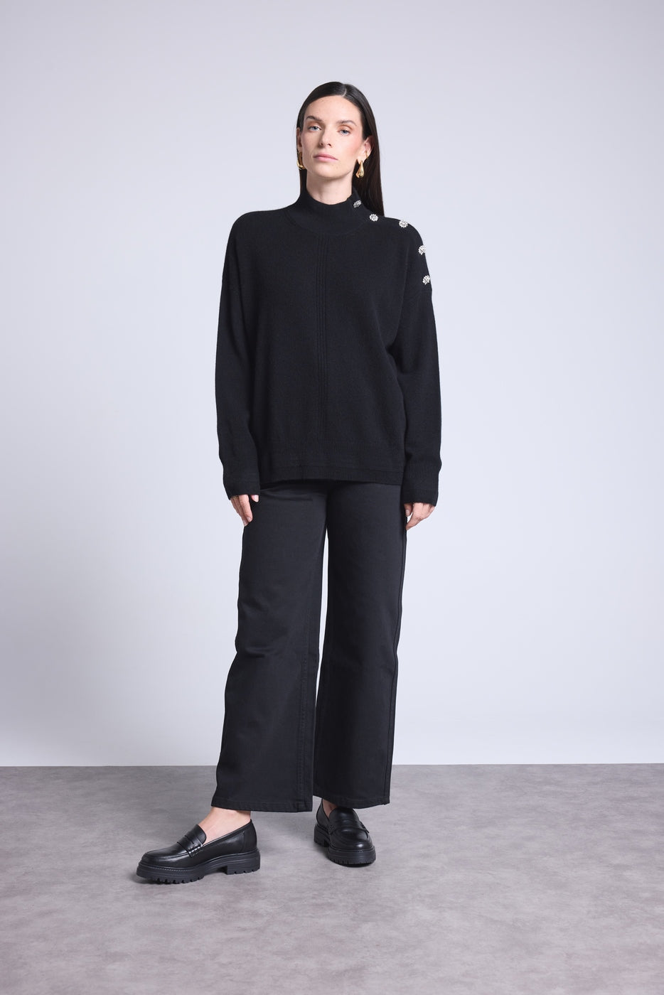Jersey de cuello alto con botones joya Baya - Negro - Mujer