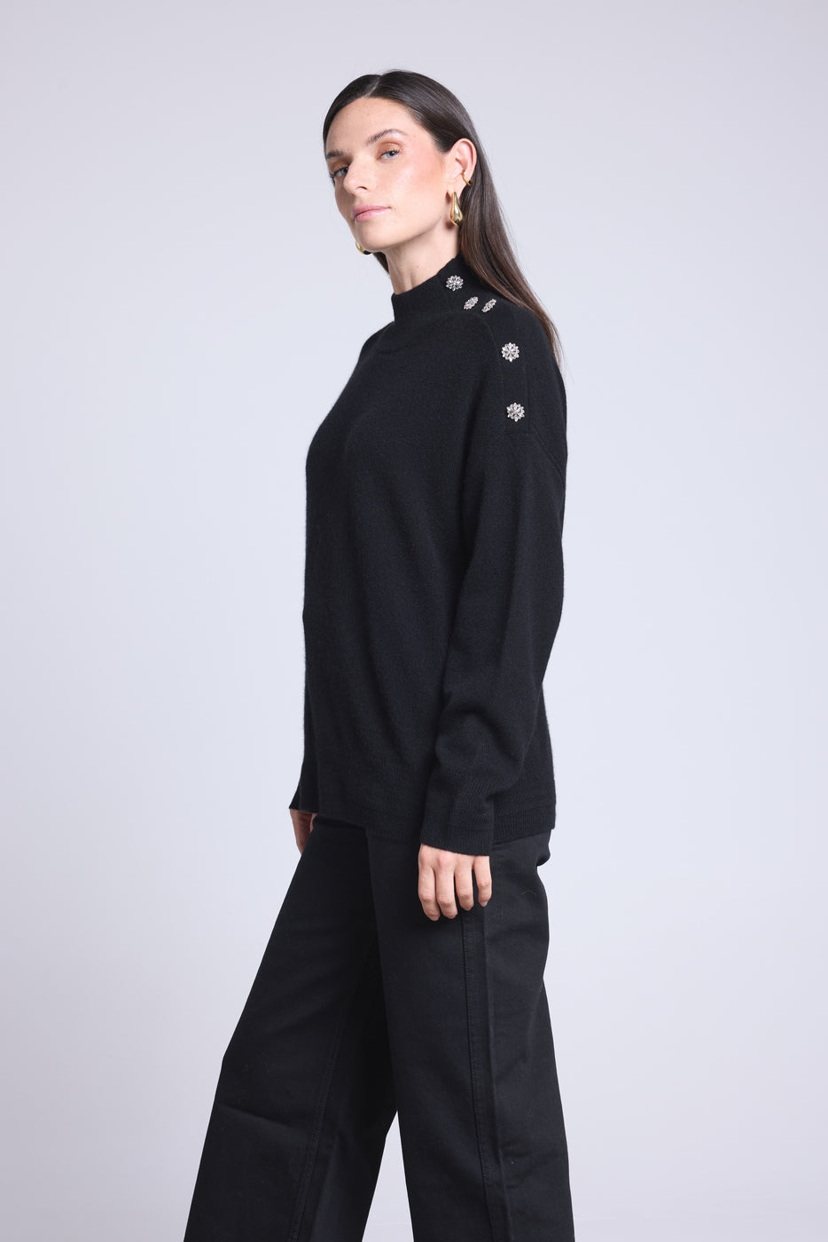 Jersey de cuello alto con botones joya Baya - Negro - Mujer