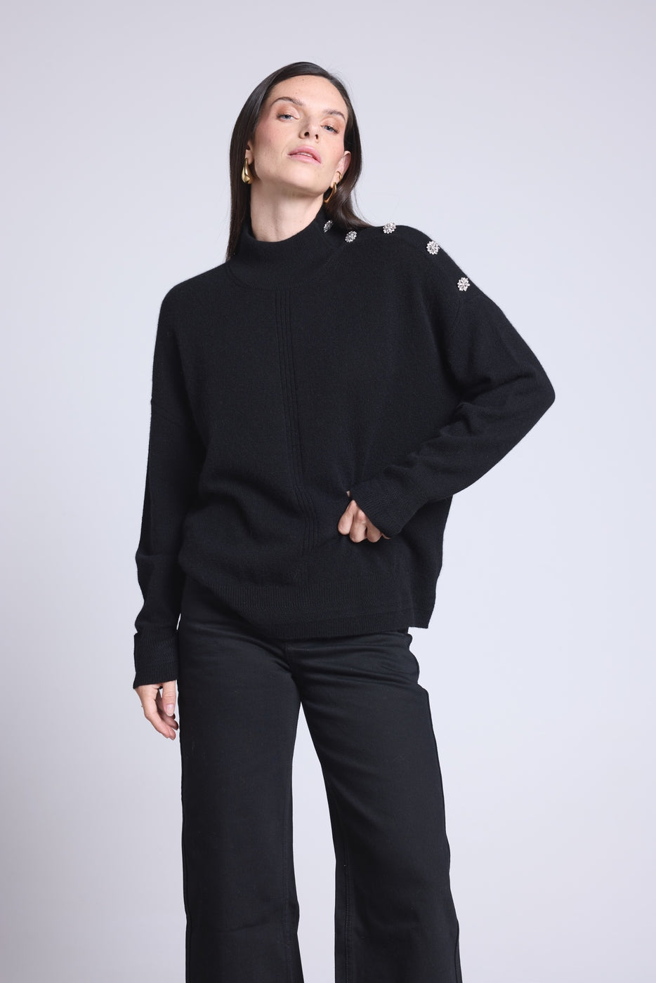 Jersey de cuello alto con botones joya Baya - Negro - Mujer