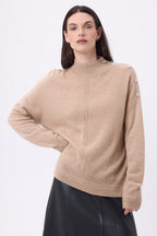 Pull Col Montant A Bijoux Baya - Beige Creme -Boutons Argent - Femme