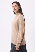 Pull Col Montant A Bijoux Baya - Beige Creme -Boutons Argent - Femme